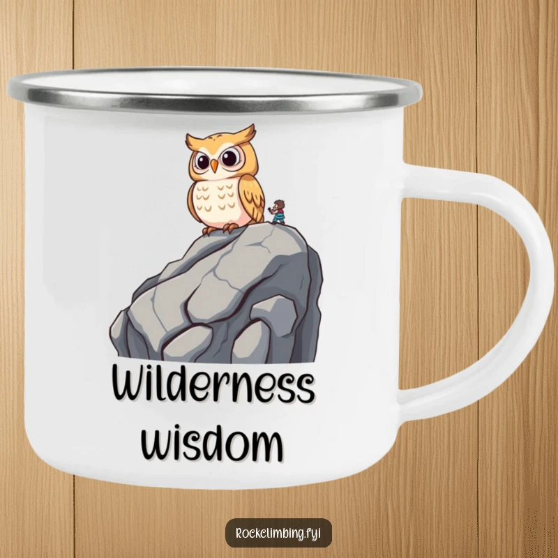 Funny wise owl perched on a rocky outcrop, observing a climber with amusement on a durable camping mug.