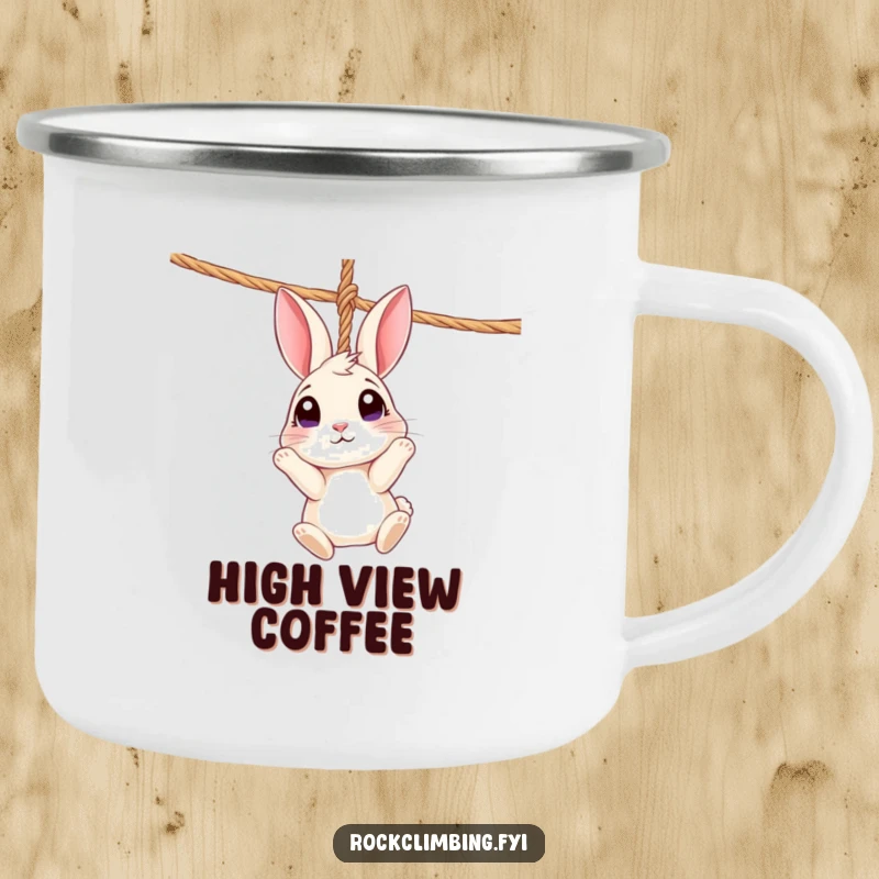 Funny Rabbit Rope Camping Mug: A curious rabbit dangles from a rope, ideal for whimsical outdoor adventures.