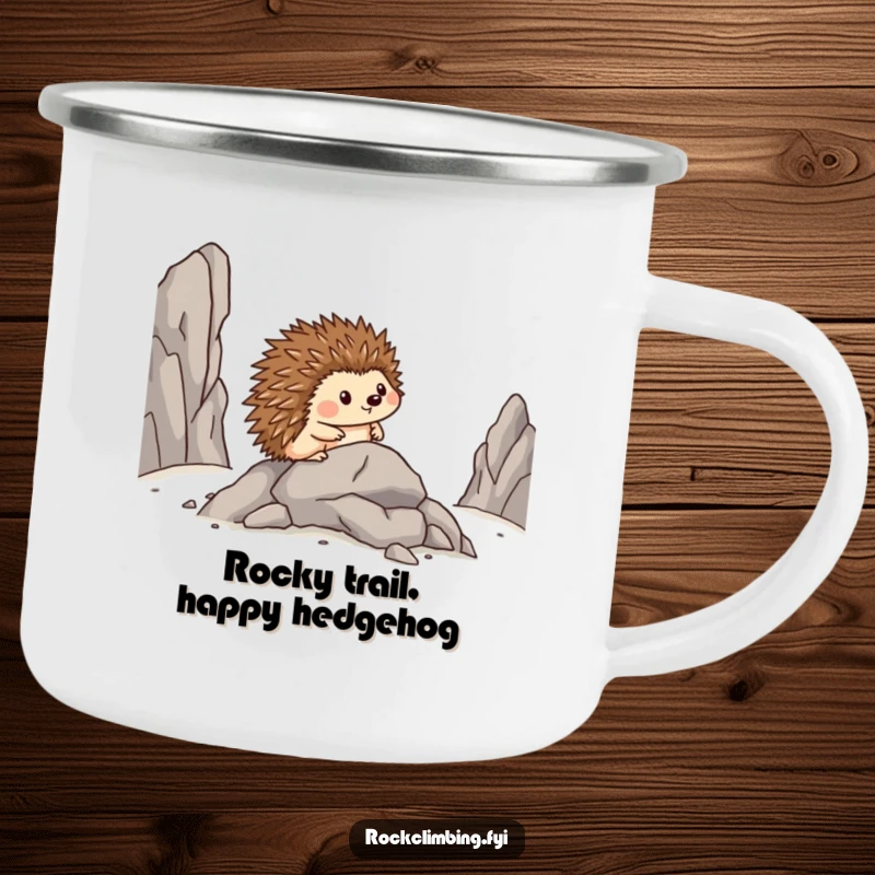 Funny camping mug featuring a brave hedgehog sidestepping across a rocky outcrop, radiating pleased bravery.