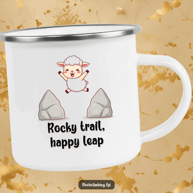 Funny camping mug with a delighted sheep leaping between two pointed rocks, embodying outdoor joy and happy moments.