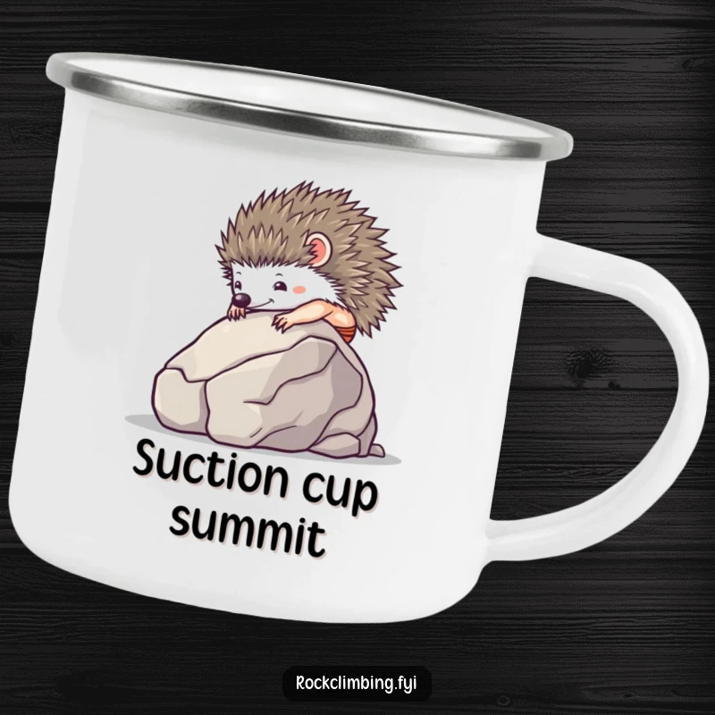 Funny tiny hedgehog using suction cups to climb a boulder on a durable camping mug.