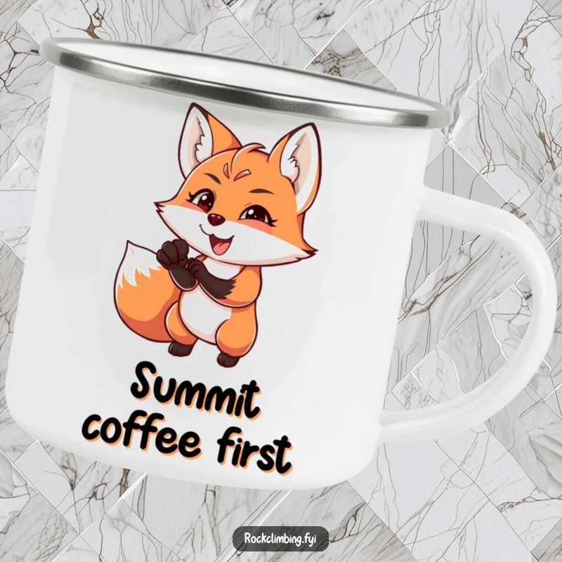 Funny charming fox reaching for a difficult handhold with intense focus and joy, embodying determination, a durable funny mug.