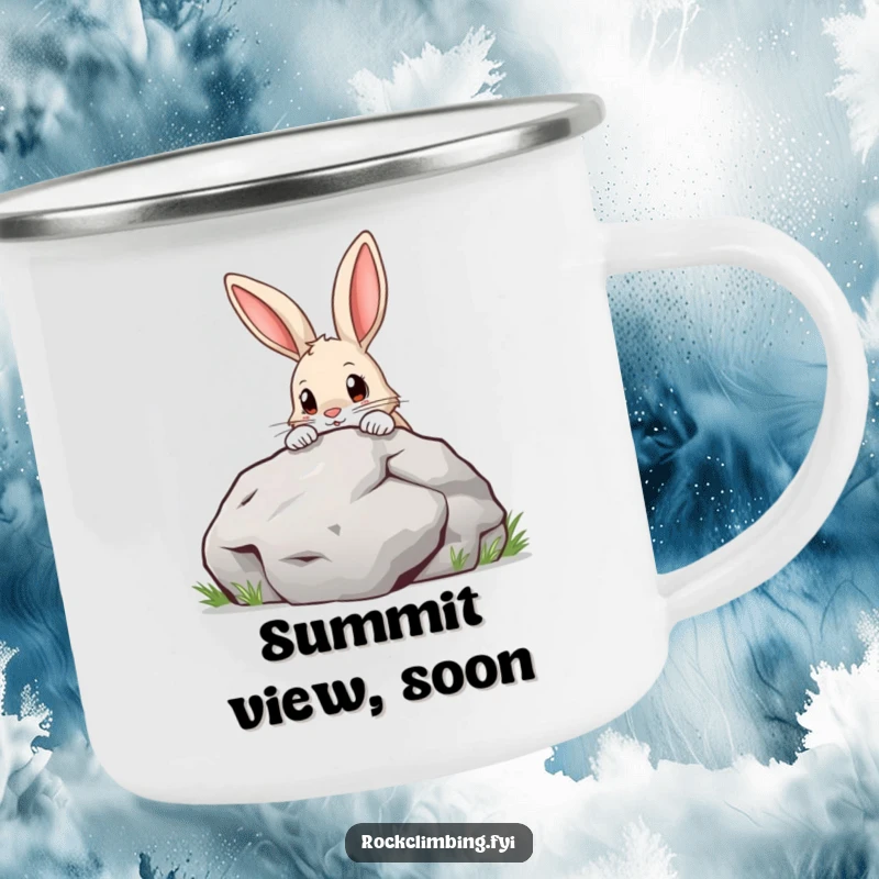 Funny Camping Mug with a determined curious rabbit peeking over a boulder, perfect for hot beverages during outdoor adventures.