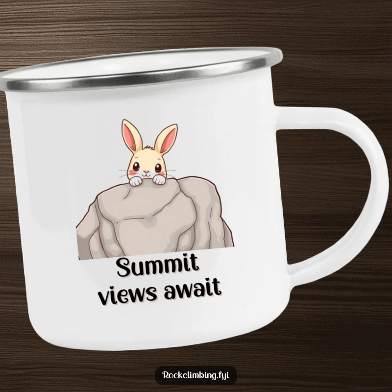 Funny camping mug with a curious rabbit peeking over a rocky outcrop, ideal for enjoying beverages during outdoor explorations.