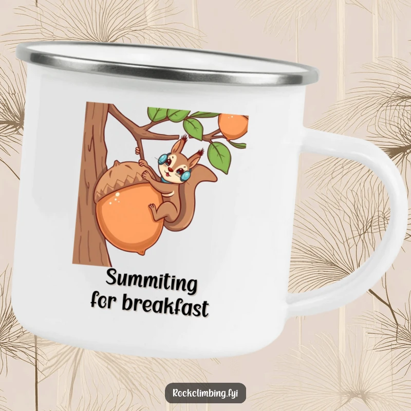 Funny squirrel mountaineer scaling an acorn on a durable camping mug, for wilderness exploration.