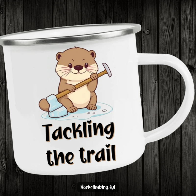 Funny Camping Mug featuring a focused otter using a miniature ice axe for a secure grip, designed for adventurers needing stability.