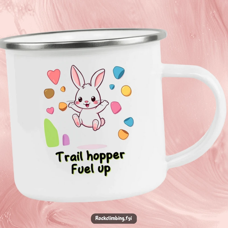 Funny rabbit camping mug featuring a playful bunny leaping between tiny climbing holds, perfect for outdoor sipping.