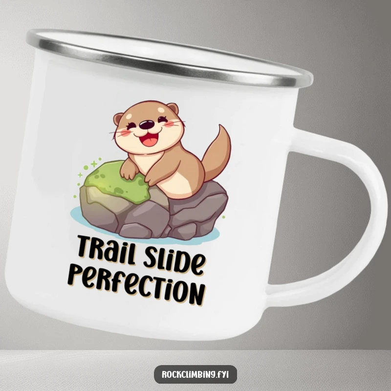Funny otter camping mug showing a happy otter gleefully sliding down a mossy rock, designed for outdoor fun and laughter.