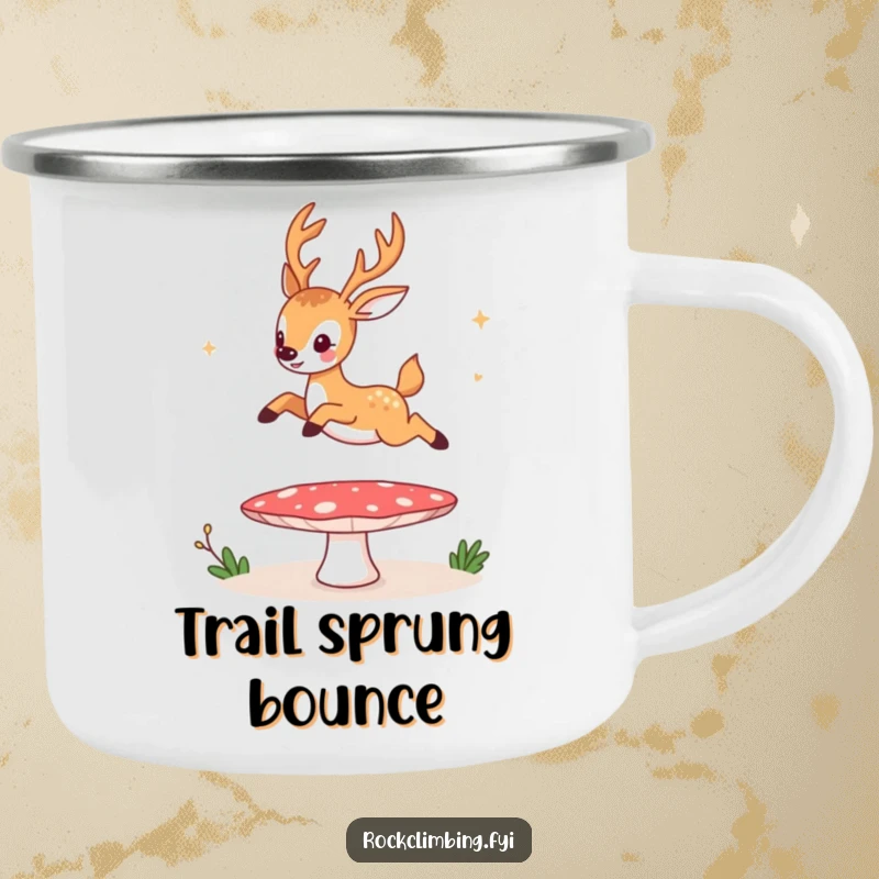 Funny camping mug, a deer humorously bouncing on a mushroom trampoline in a wilderness setting, perfect for outdoor humor.