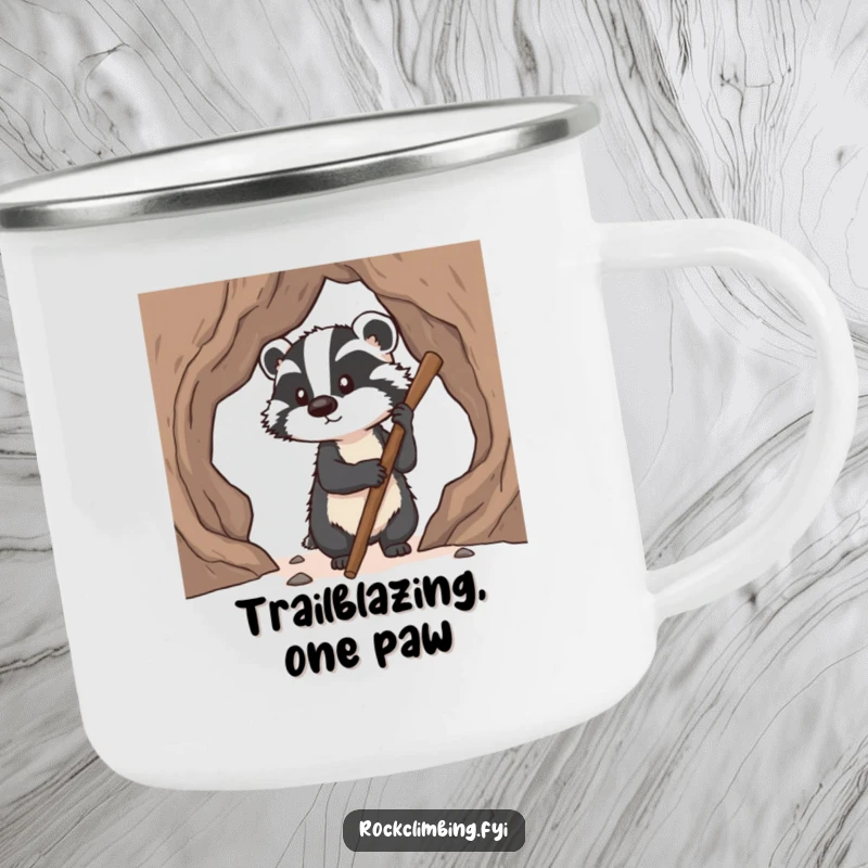 Funny badger camping mug showing a determined badger using a stick for pawholds while climbing, ideal for outdoor use with a humorous twist.