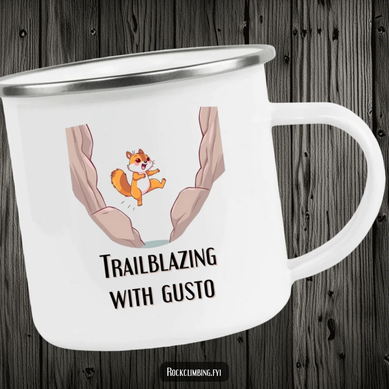 Funny determined squirrel leaping joyfully mid-air on a durable camping mug, embodying outdoor adventures.