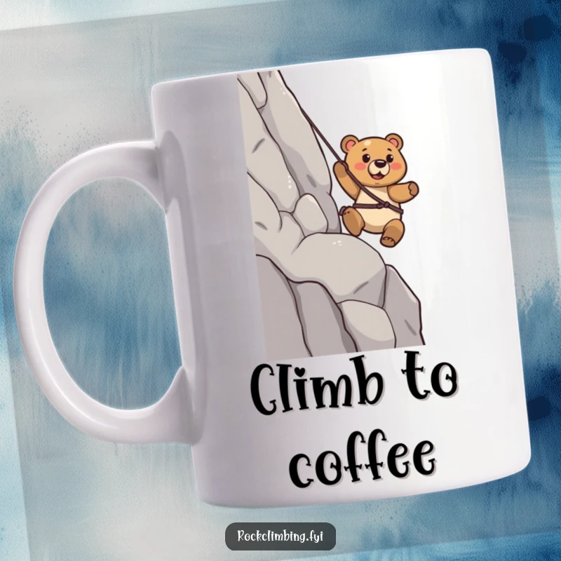 Funny Bear Mug: A determined bear confidently rappels down a sheer cliff face, showcasing strength and adventurous spirit.