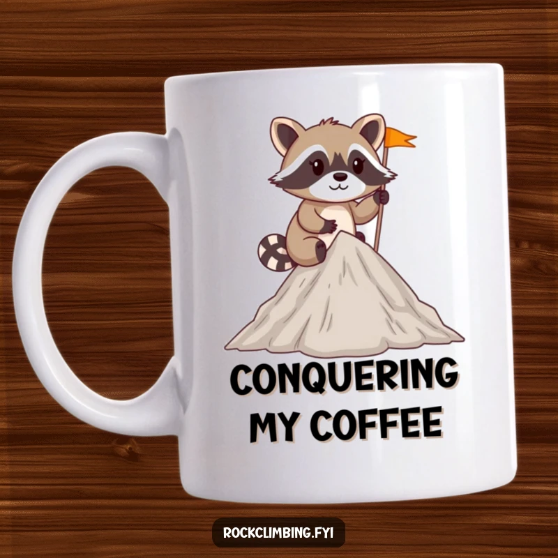 Funny mischievous raccoon planting a tiny flag at the summit of a small peak on a mug.