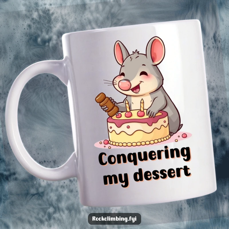 Funny mug with a smiling aardvark enthusiastically hammering pitons into a cake, symbolizing ambitious dessert exploration.