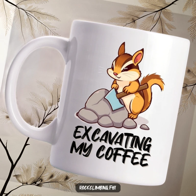 Funny mug featuring a determined chipmunk mining a rock with a tiny pickaxe, symbolizing perseverance and hard work.