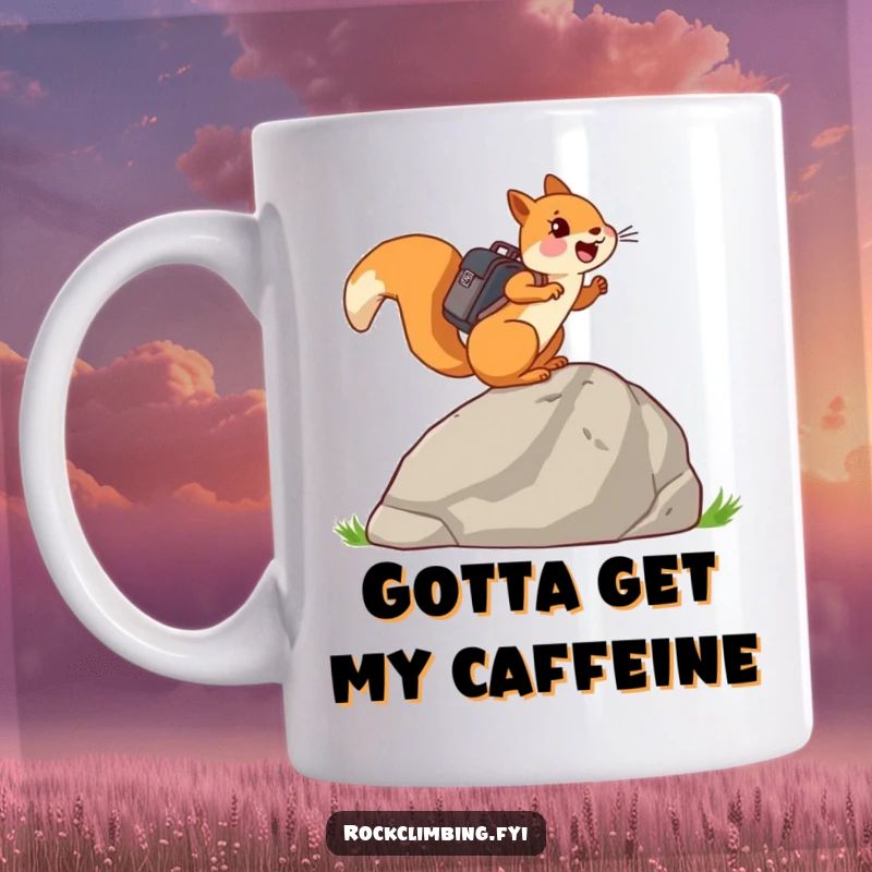 Funny joyful squirrel with a tiny backpack climbing a large rock, symbolizing adventure and determination.