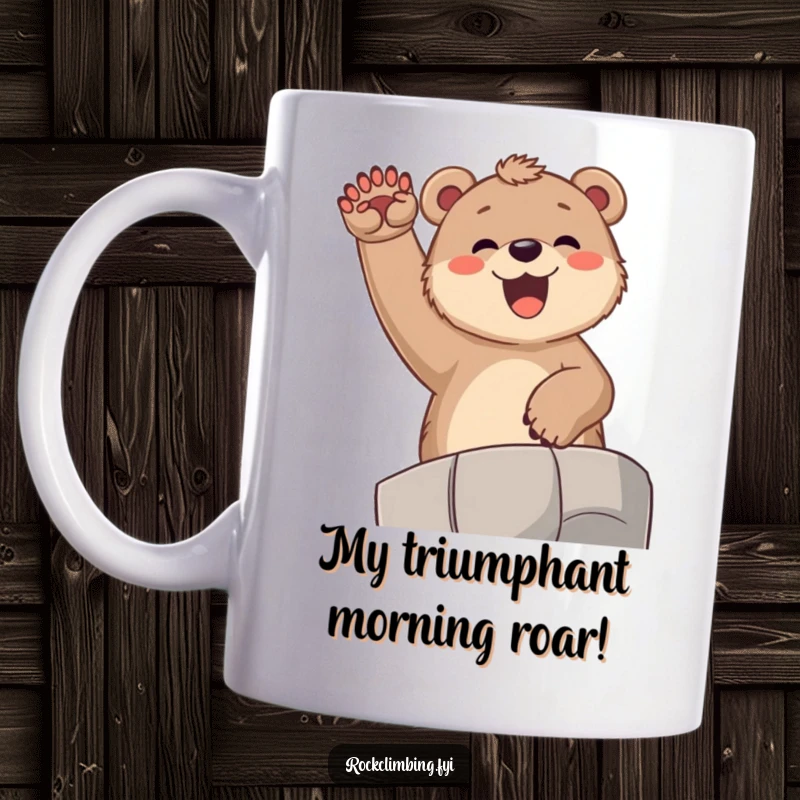 Funny bear cub mug, showing a joyful cub cheering ecstatically from a high ledge with paws raised high in pure delight.