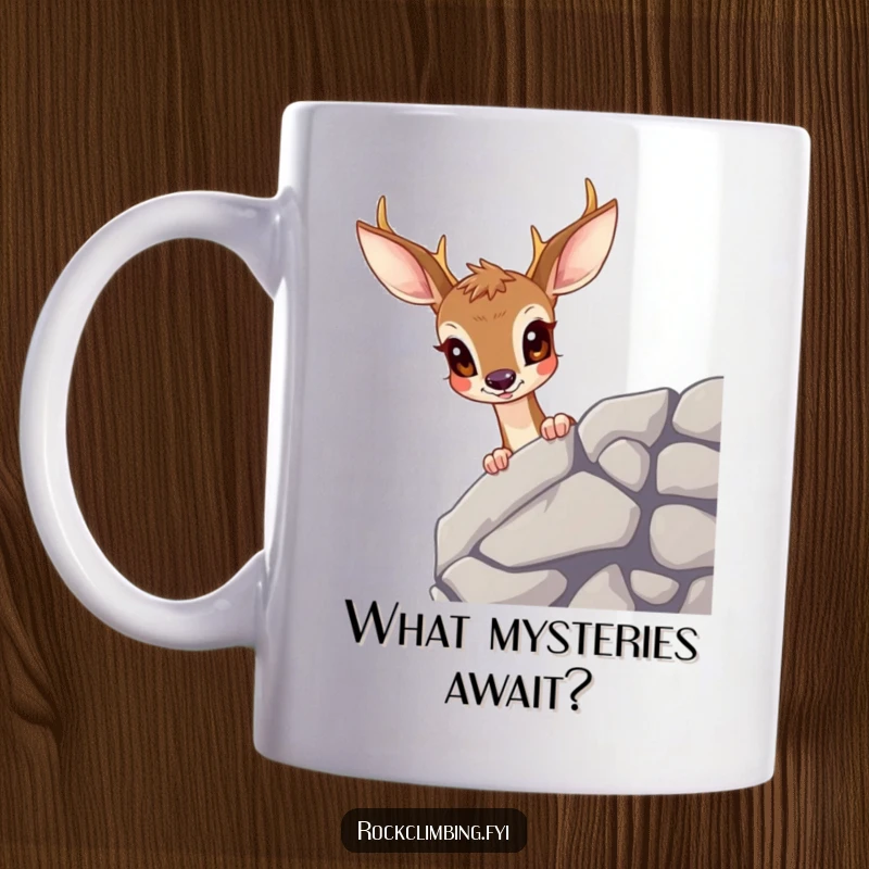 Funny curious deer mug showing a deer peering over a rocky ledge with wide, innocent eyes, expressing pure wonder.