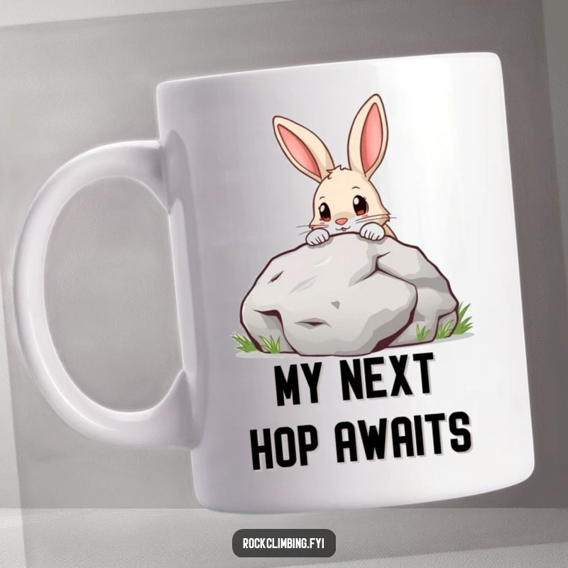 Funny Mug featuring a curious rabbit with a determined expression, peeking cautiously over a massive, imposing boulder on an outdoor adventure.