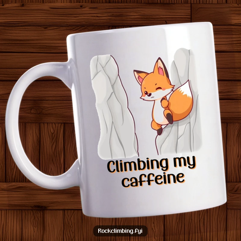 Funny mug featuring a determined fox heroically pulling itself up a steep, rocky cliff face.
