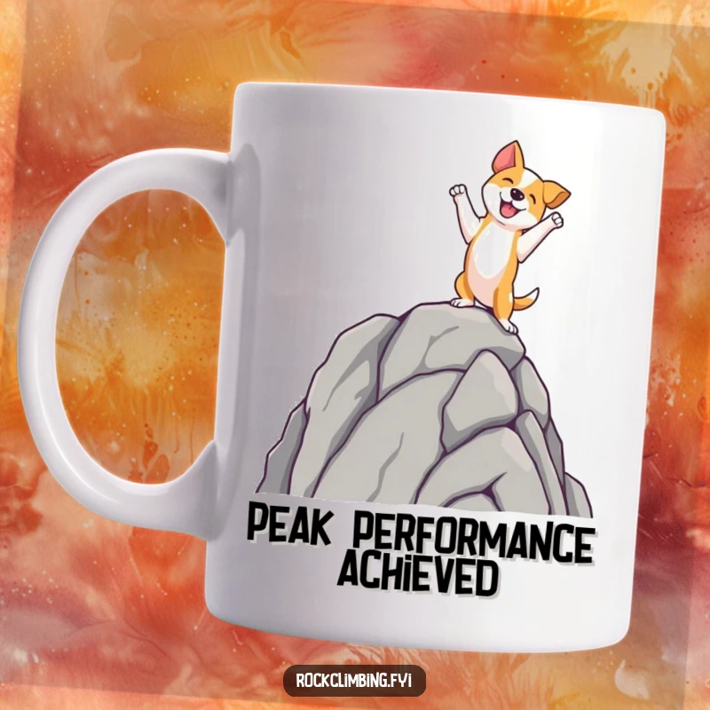 Funny dog mug featuring a happy dog standing triumphantly with paws up on a rock spire peak, celebrating a funny achievement.