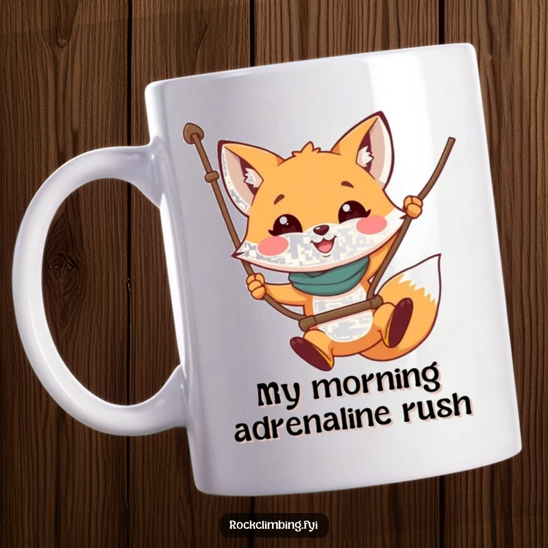 Funny fox mug featuring a smiling fox bravely swinging from a rope, embodying adventurous and humorous spirit.