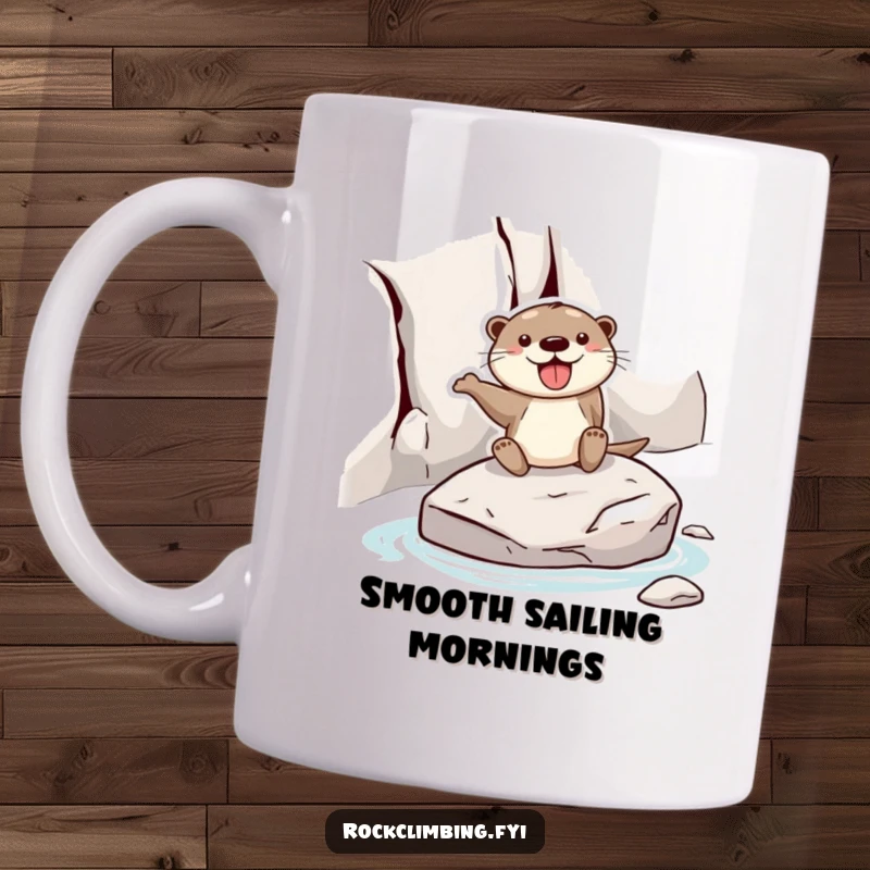 Funny joyful otter mug showing an otter sliding down a rock face on a stone, expressing pure, unadulterated fun.