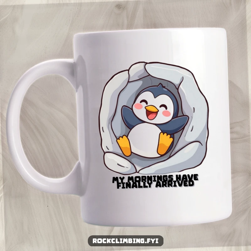 Funny penguin mug showing a joyful bird mid-slide down a smooth rock face, exuding happiness and playful energy.