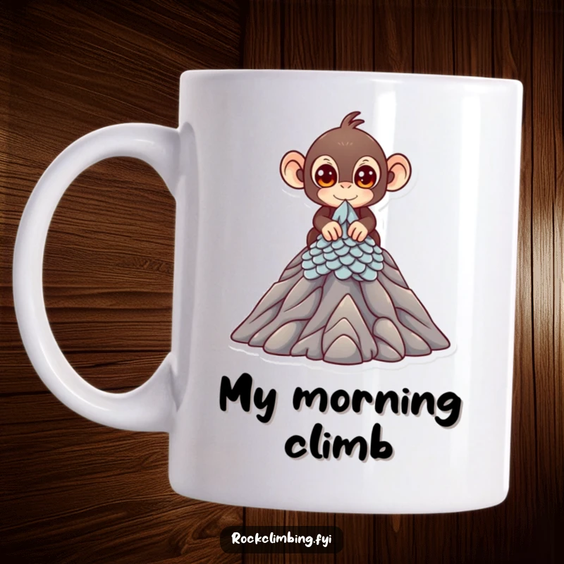 Funny Mug depicting a cute monkey with bright, determined eyes enthusiastically scaling a miniature mountain peak, ready for adventure.