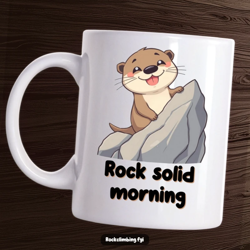 Funny Otter Mug: A cheerful otter with a big grin joyfully climbs a jagged rock, showcasing a spirit of pure adventure.