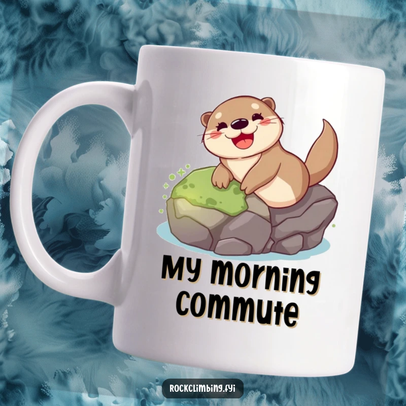 Funny otter mug featuring a joyful otter gleefully sliding down a mossy rock, expressing pure bliss and playful energy.