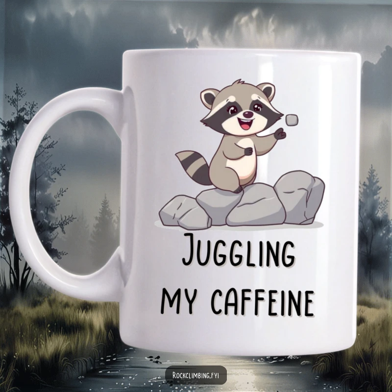 Funny giggling raccoon mug showing a raccoon juggling rocks while climbing, expressing playful mischief and humor.