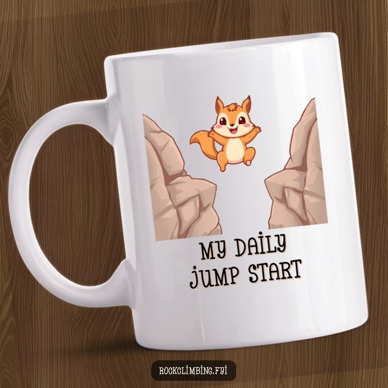 Funny squirrel mug showing a determined squirrel mid-leap between rocky ledges, embodying courage and humor.