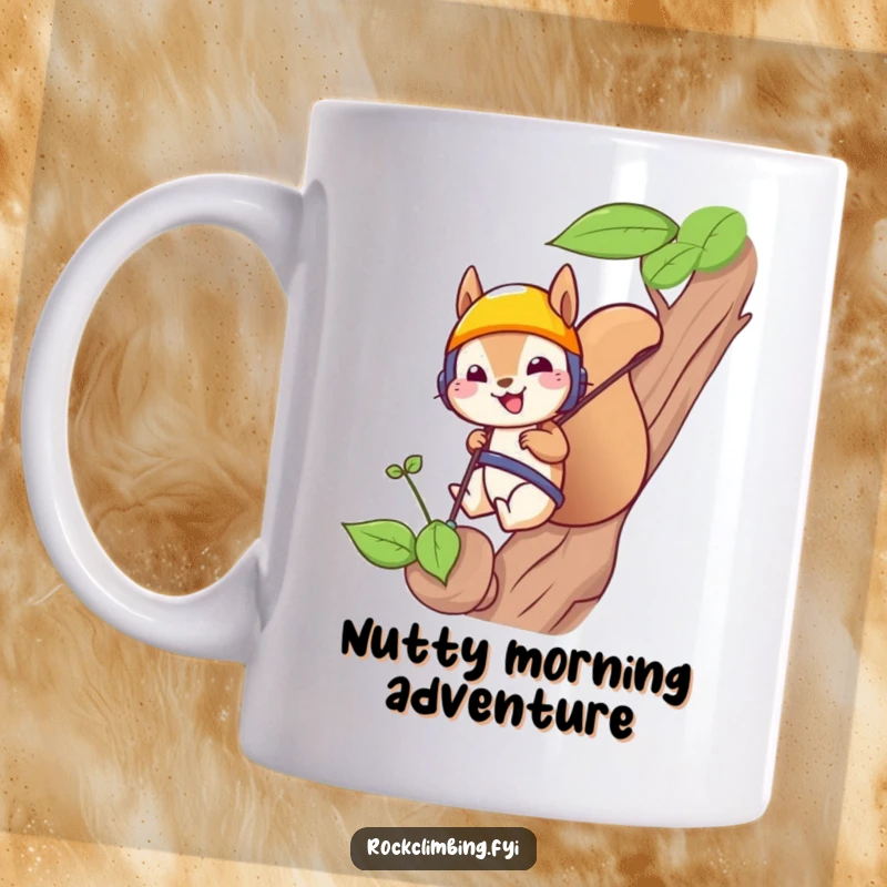 Funny squirrel wearing a helmet, rappelling down a sprout on a mug, showcasing a hilarious sense of adventure.