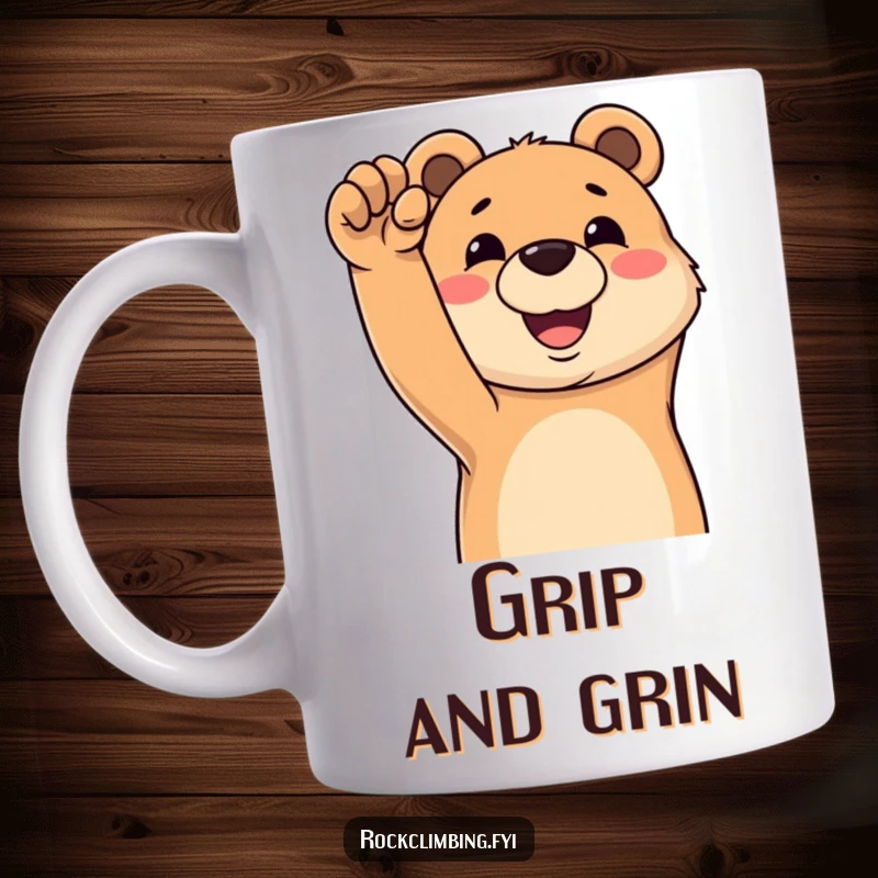 Funny bear mug showing a happy bear grinning as it reaches for a difficult climbing hold, embodying joyful effort.