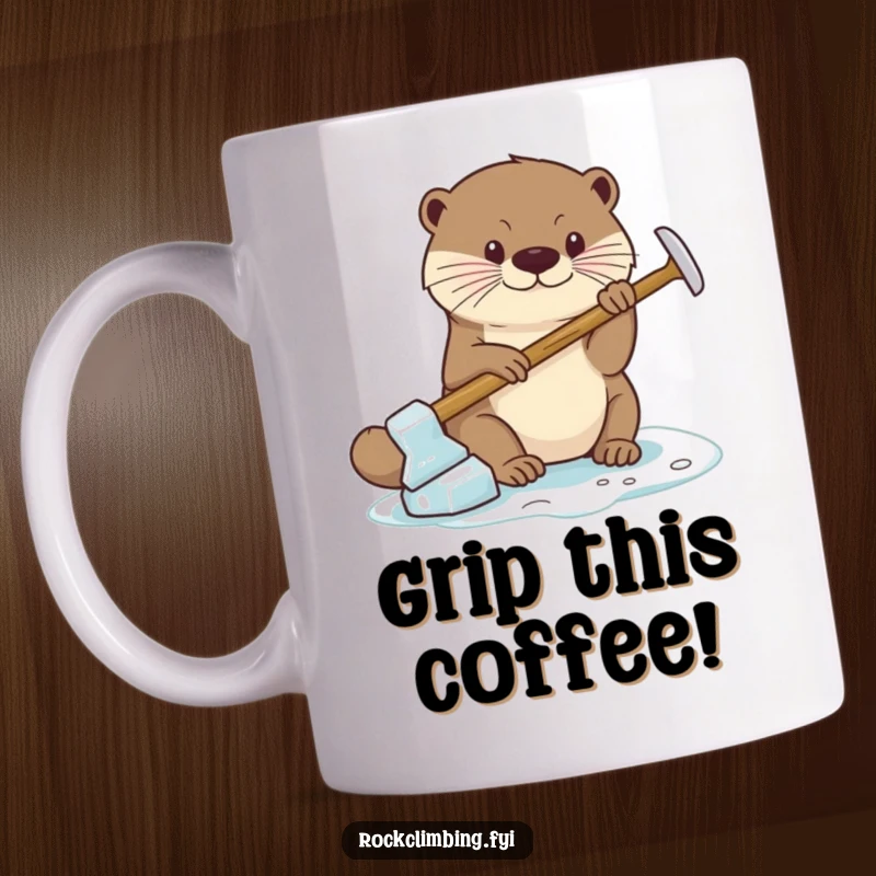 Funny Mug showing a determined otter firmly gripping with a miniature ice axe, showcasing intense focus and adventurous spirit.