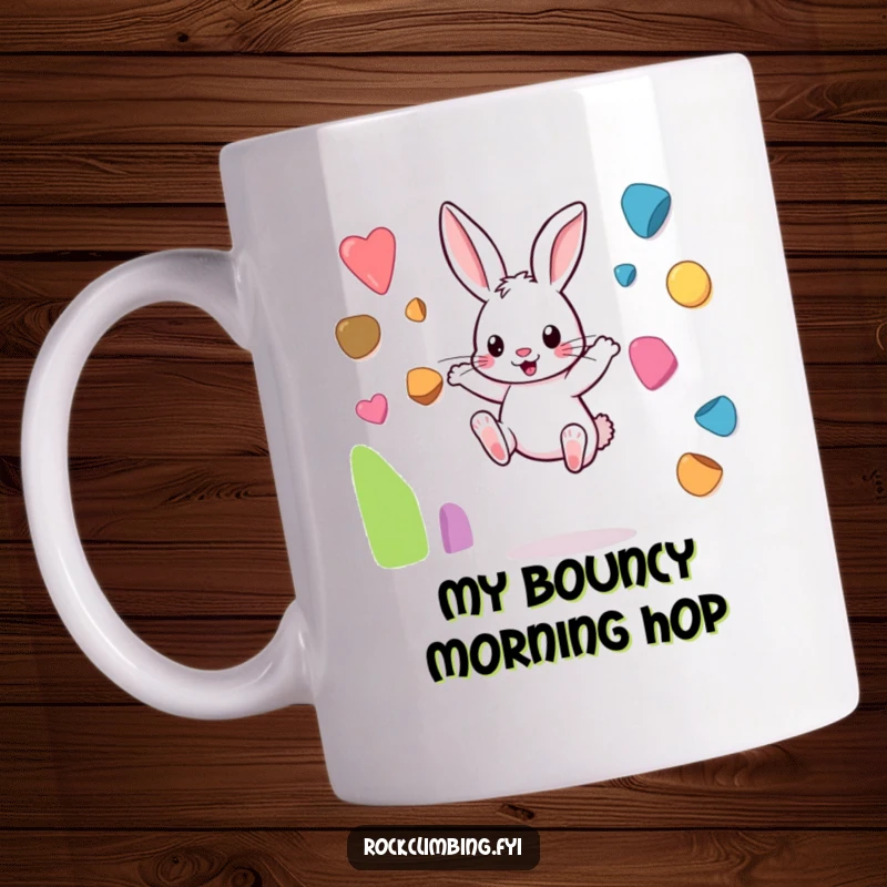 Funny rabbit mug featuring a joyful bunny leaping between colorful, miniature climbing holds with energetic grace.