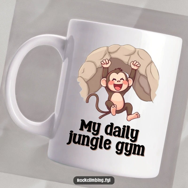 Funny mug showing a joyful monkey mid-swing from a rocky cliff, full of energy and playful mischief.