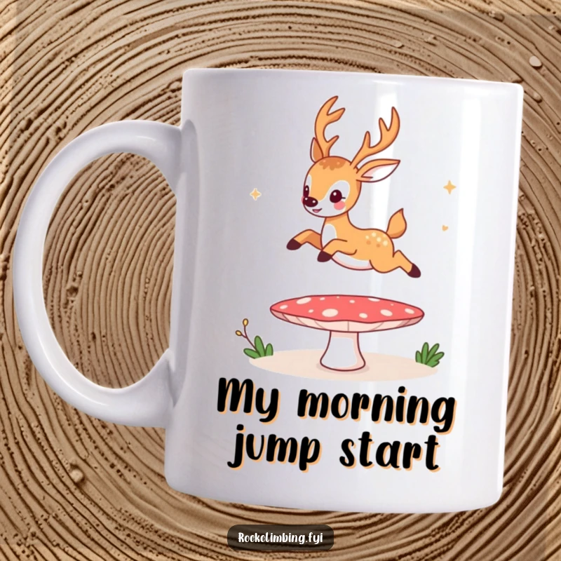 Funny mug, a deer joyfully jumping high on a mushroom, using it as a springy trampoline, conveying pure, humorous elation.
