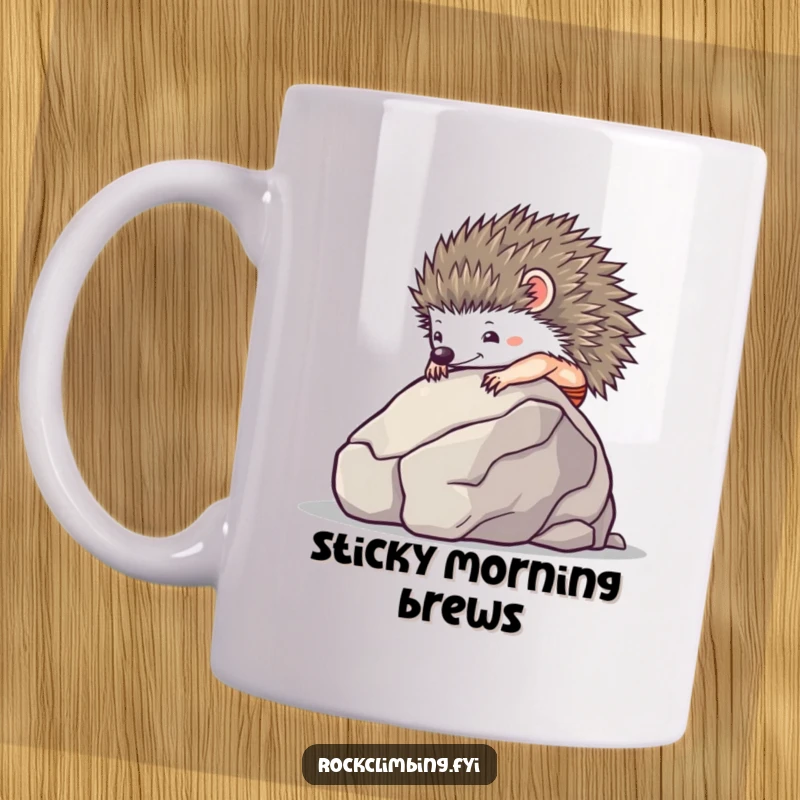 Funny tiny hedgehog using suction cups to climb a smooth boulder, perfect for perseverance themes.