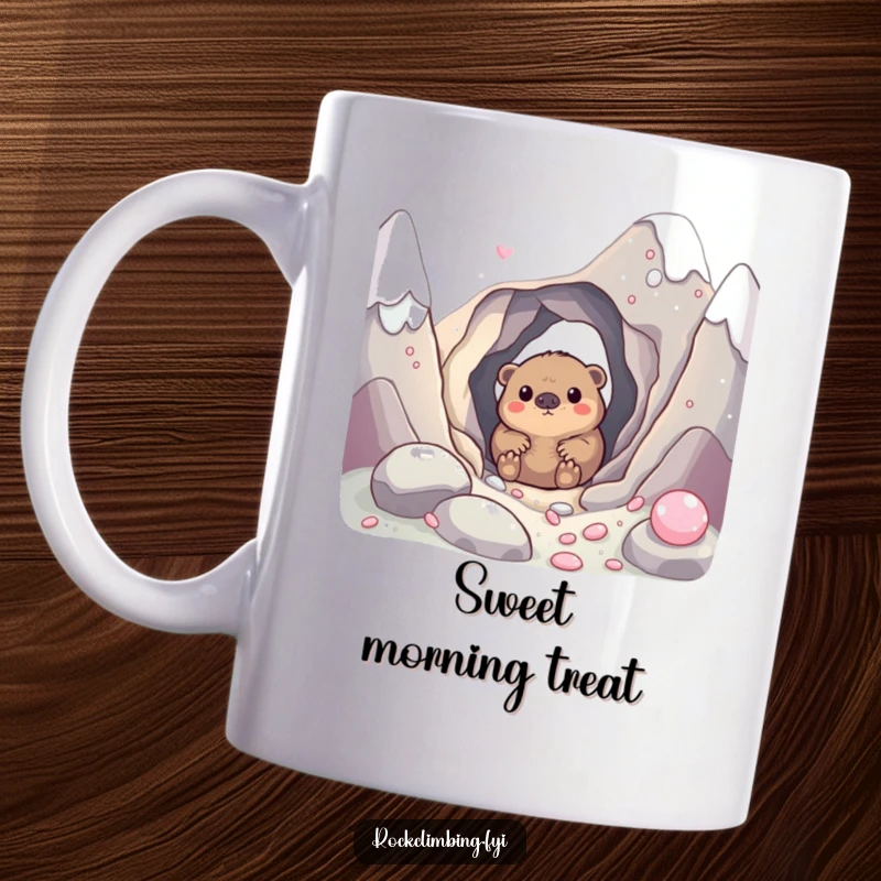 Funny mug with a curious mole peeking out from a hole in a colorful candy mountain, exploring a world of sweetness.