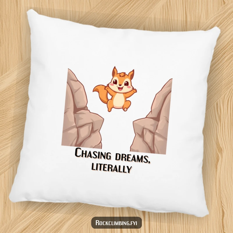 Funny squirrel pillow featuring a smiling squirrel in a dramatic leap between mountain ledges, adding humorous energy.