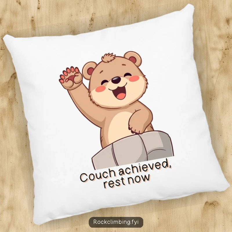 Funny bear cub pillow, showing a joyful cub cheering from a high ledge with paws raised, bringing comfort and infectious happiness.