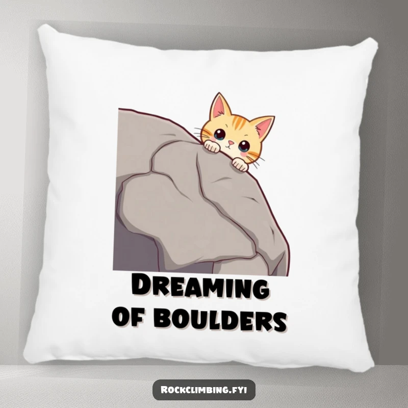 Funny curious cat peering over a massive boulder edge, whiskers twitching, looking intrigued, a soft funny pillow.