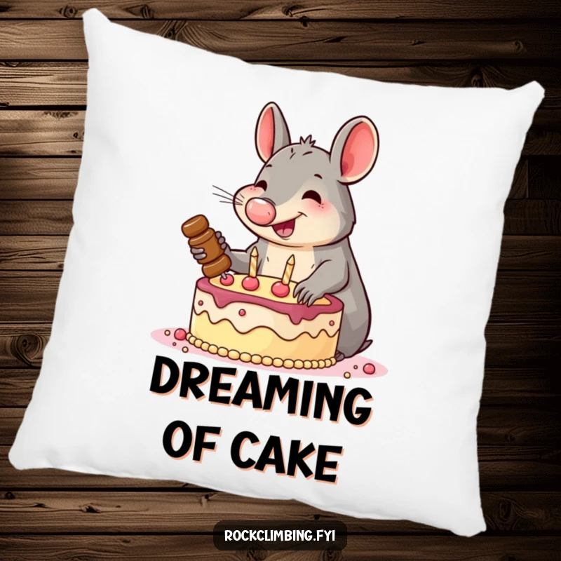 Funny pillow featuring a smiling aardvark enthusiastically hammering pitons into a cake, perfect for adding whimsical motivation.