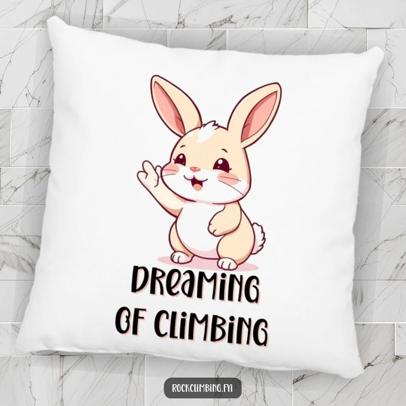 Funny rabbit climbing pillow featuring a rabbit reaching for a handhold. Soft, comfortable, and humorous decor for climbers.