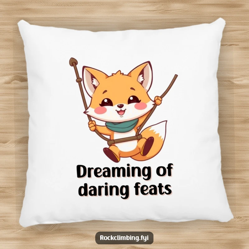 Funny fox pillow with a smiling fox swinging on a rope, offering snuggly comfort and a dose of humor.