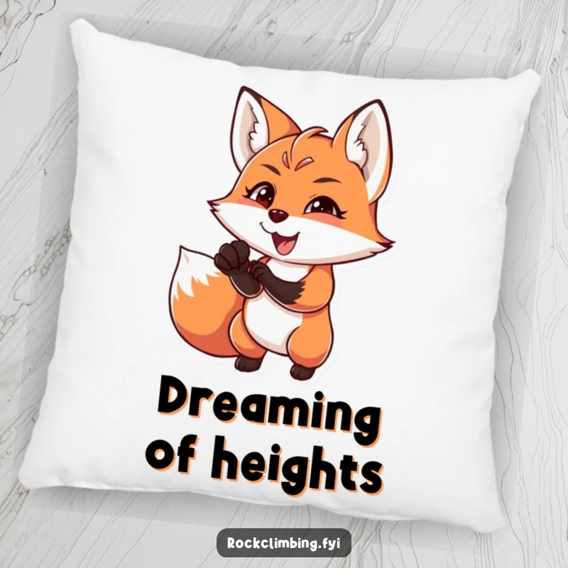 Funny charming fox reaching for a difficult handhold with intense focus and joy, embodying determination, a soft funny pillow.