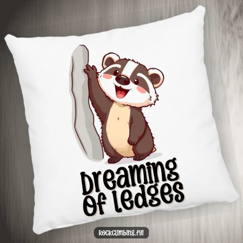 Funny badger with a piton reaching for a high ledge on a soft pillow, adding humorous comfort to any room.