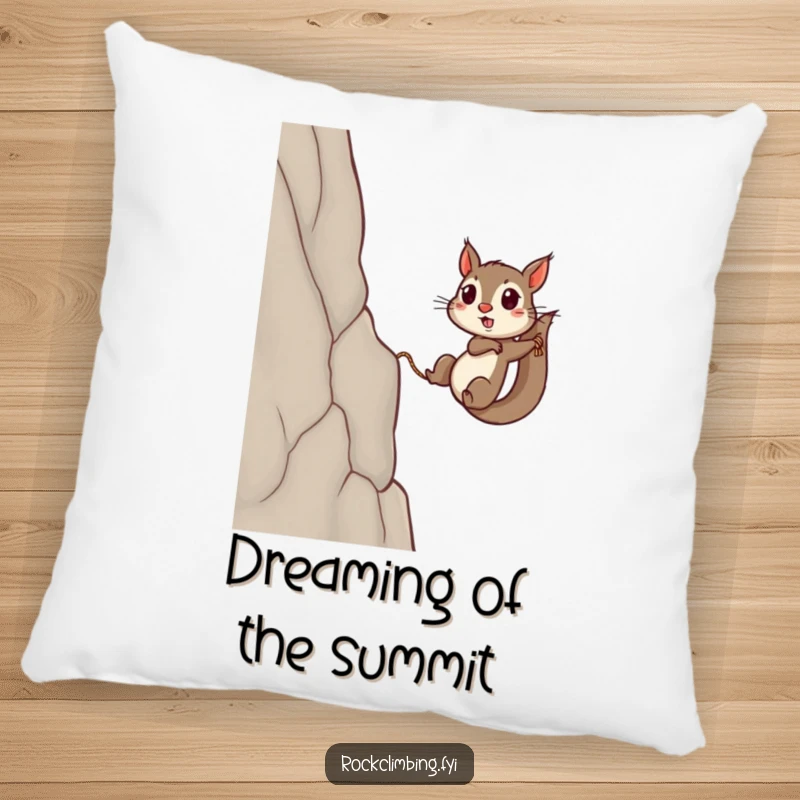 Funny squirrel pillow with a determined rodent pulling itself up a sheer cliff with a rope, symbolizing resilience and comfort.